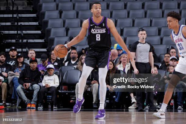 Skal Labissiere of the Stockton Kings dribbles the ball during the game against the Long Island Nets on January 13, 2024 at Golden 1 Center in...