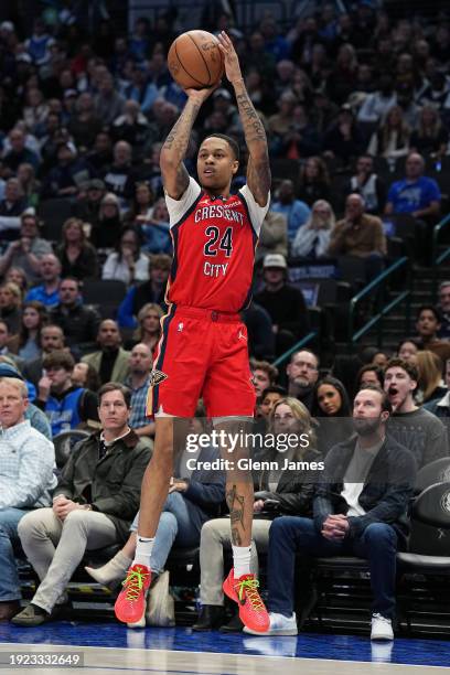 Jordan Hawkins of the New Orleans Pelicans shoots the ball during the game against the Dallas Mavericks on January 13, 2024 at the American Airlines...