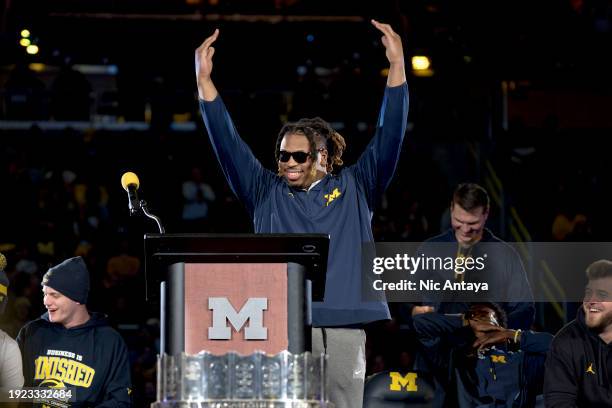 Kris Jenkins of the Michigan Wolverines celebrates during the Michigan Wolverines football National Championship celebration on January 13, 2024 at...