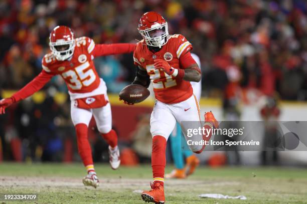 Kansas City Chiefs safety Mike Edwards celebrates after an interception in the first quarter of an AFC Wild Card playoff game between the Miami...