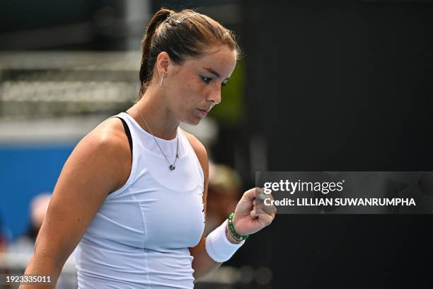 Britain's Jodie Burrage reacts after a point against Germany's Tamara Korpatsch during their women's singles match on day one of the Australian Open...