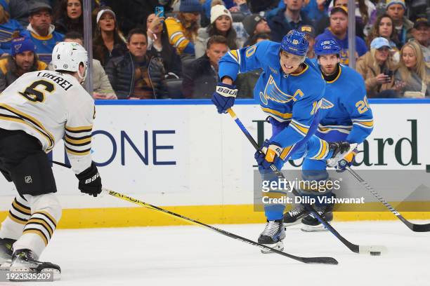 Brayden Schenn of the St. Louis Blues shoots the puck against the Boston Bruins in the third period at Enterprise Center on January 13, 2024 in St...