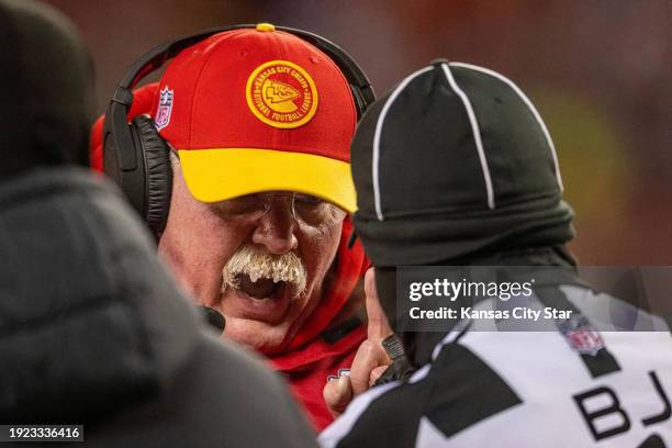 Kansas City Chiefs head coach Andy Reid yells at an official in the second quarter during an AFC Wild Card Playoff game at GEHA Field at Arrowhead...