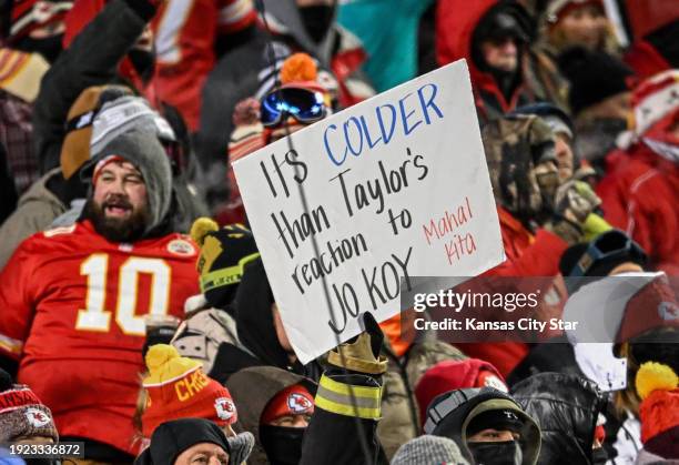 Oh yeah, fans were well aware that Taylor Swift was in the house on Saturday, Jan. 13 in Kansas City, Missouri. This fan's sign referenced a joke...