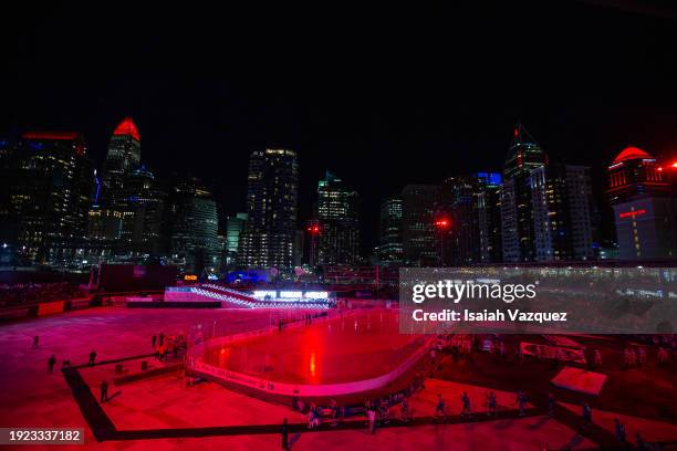 General view of the Uptown Charlotte skyline as the Rochester Americans and the Charlotte Checkers prepare to take the ice for the second period at...