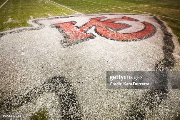 The Kansas City Chiefs logo is seen on GEHA field during an NFL Super Wild Card Weekend playoff game against the Miami Dolphins at GEHA Field at...