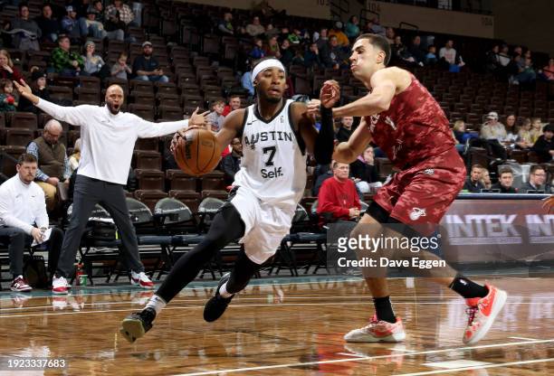 January 13: David Duke of the Austin Spurs drives to the basket during the game against the Sioux Falls Skyforce at the Sanford Pentagon on January...