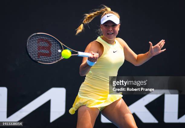 Brenda Fruhvirtova of the Czech Republic in action against Ana Bogdan of Romania in the first round on Day 1 of the 2024 Australian Open at Melbourne...