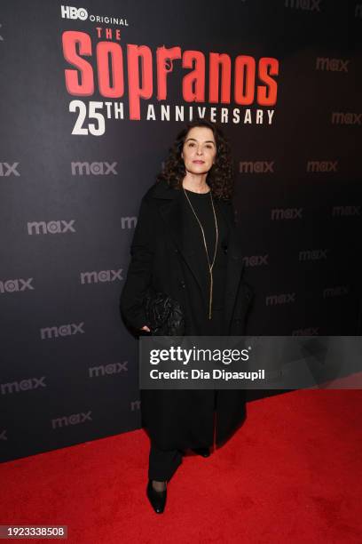 Annabella Sciorra attends HBO's "The Sopranos" 25th anniversary celebration on January 10, 2024 at Da Nico Ristorante in New York City.