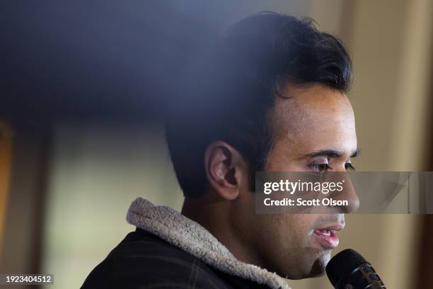 Republican presidential candidate businessman Vivek Ramaswamy speaks to guests at a rally at the Iowa State Capital building hosted by Free Soil to...