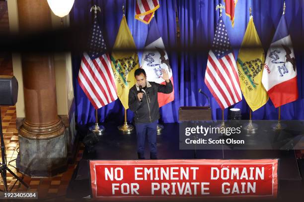 Republican presidential candidate businessman Vivek Ramaswamy speaks to guests at a rally at the Iowa State Capital building hosted by Free Soil to...