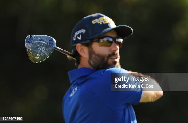 Detailed view of the Callaway Paradym Ai Smoke driver as Adam Hadwin of Canada tees off the 16th hole during a pro-am prior to the Sony Open in...