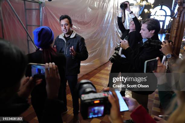 Republican presidential candidate businessman Vivek Ramaswamy speaks to the media after addressing a rally at the Iowa State Capital building hosted...