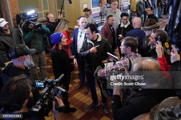 Republican presidential candidate businessman Vivek Ramaswamy leaves after addressing a rally at the Iowa State Capital building hosted by Free Soil...