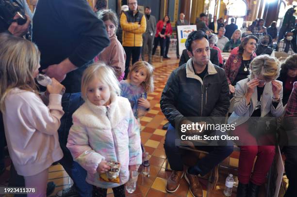 Republican presidential candidate businessman Vivek Ramaswamy waits to be introduced at a rally at the Iowa State Capital building hosted by Free...