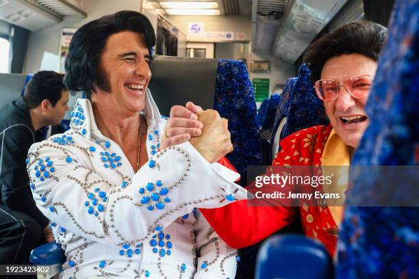 Elvis impersonators travel on the Elvis Express on January 11, 2024 in Sydney, Australia. The Parkes Elvis Festival is held annually over five days,...