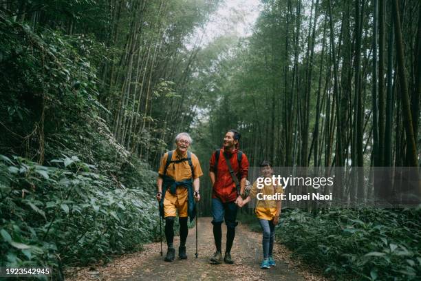 three generation family hiking in forest, alishan, taiwan - diversion stock pictures, royalty-free photos & images