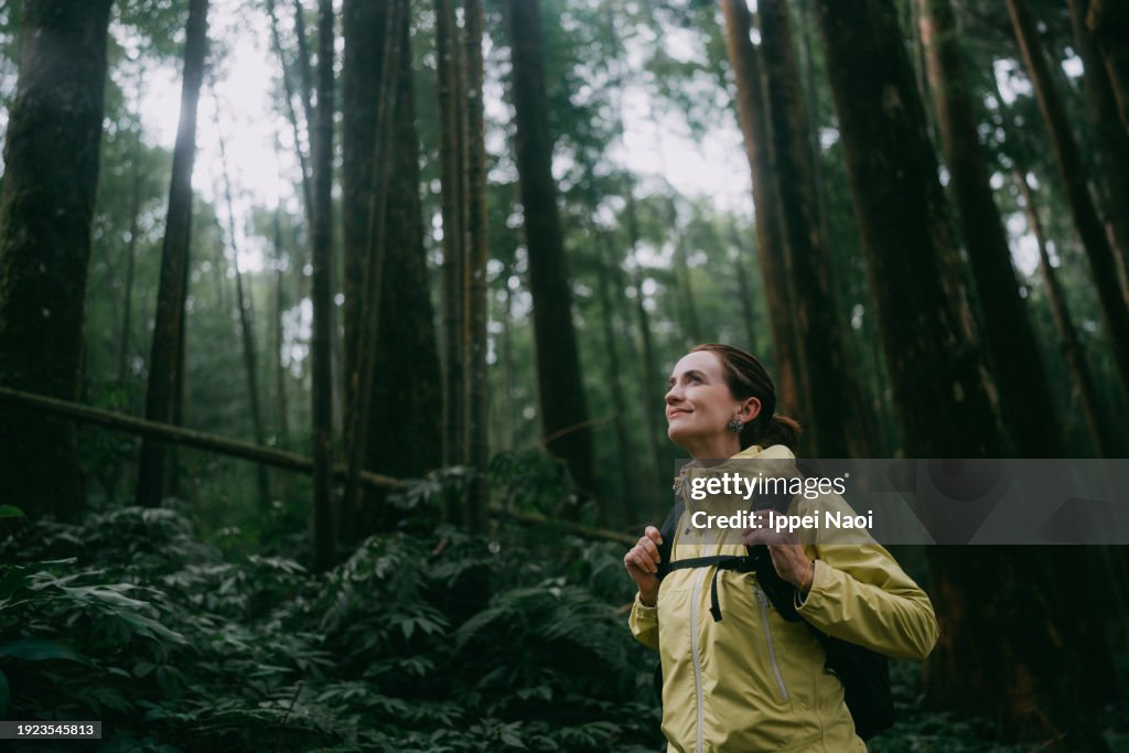 Woman contemplating in forest
