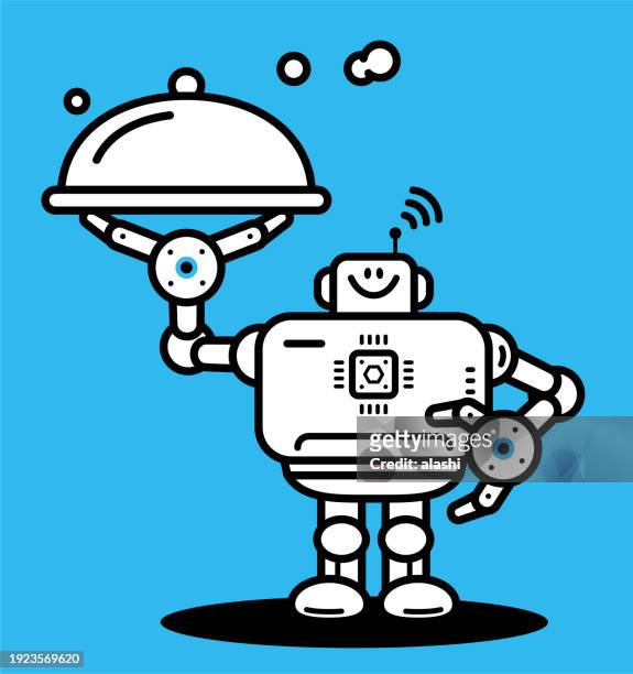 illustrations, cliparts, dessins animés et icônes de un robot chef d’intelligence artificielle sert les repas dans un couvercle d’assiette en forme de dôme, portant un plateau avec un couvercle en forme de dôme - domed tray