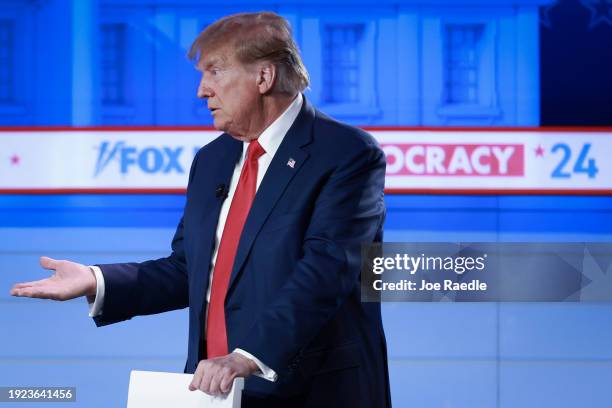 Republican presidential candidate former President Donald Trump participates in a Fox News Town Hall on January 10, 2024 in Des Moines, Iowa. Trump...