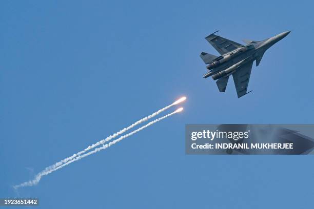 Sukhoi 30 aircraft of the Indian Air Force performs during an IAF aerial display in Mumbai on January 14, 2024.