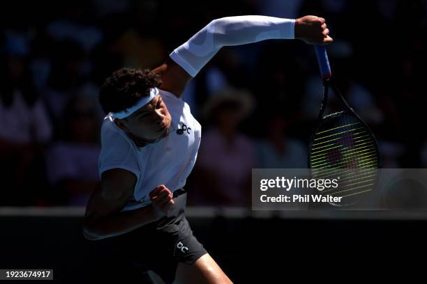 Ben Shelton of the USA serves in his match against Roberto Carballes Baena of Spain during the 2024 Men's ASB Classic at ASB Tennis Centre on January...