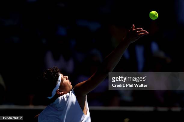 Ben Shelton of the USA serves in his match against Roberto Carballes Baena of Spain during the 2024 Men's ASB Classic at ASB Tennis Centre on January...