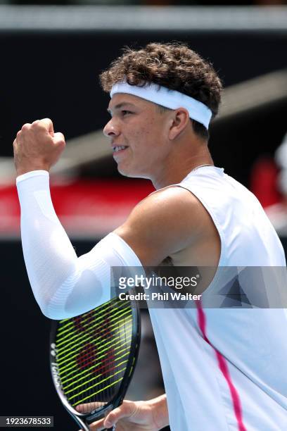 Ben Shelton of the USA celebrates a point in his match against Roberto Carballes Baena of Spain during the 2024 Men's ASB Classic at ASB Tennis...