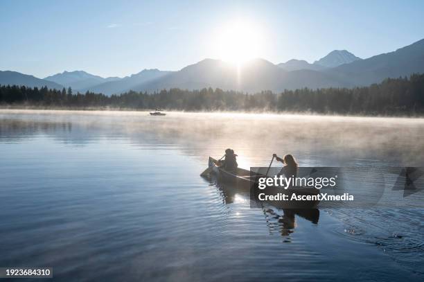 family paddles canoe on tranquil lake at sunrise - using a paddle stock pictures, royalty-free photos & images