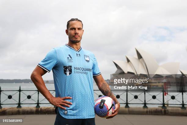 Jack Rodwell of Sydney FC poses during an A-League media opportunity ahead of Unite Round, at Hickson Road Reserve on January 11, 2024 in Sydney,...