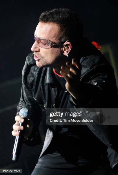 Bono of U2 performs during the band's 360 Tour at Sam Boyd stadium on October 23, 2009 in Las Vegas, Nevada.