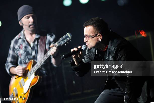 The Edge and Bono of U2 perform during the band's 360 Tour at Sam Boyd stadium on October 23, 2009 in Las Vegas, Nevada.