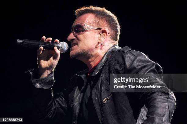 Bono of U2 performs during the band's 360 Tour at Sam Boyd stadium on October 23, 2009 in Las Vegas, Nevada.