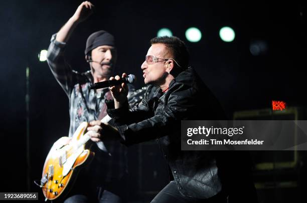 The Edge and Bono of U2 perform during the band's 360 Tour at Sam Boyd stadium on October 23, 2009 in Las Vegas, Nevada.