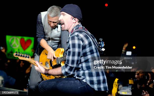 Adam Clayton and The Edge of U2 perform during the band's 360 Tour at Sam Boyd stadium on October 23, 2009 in Las Vegas, Nevada.