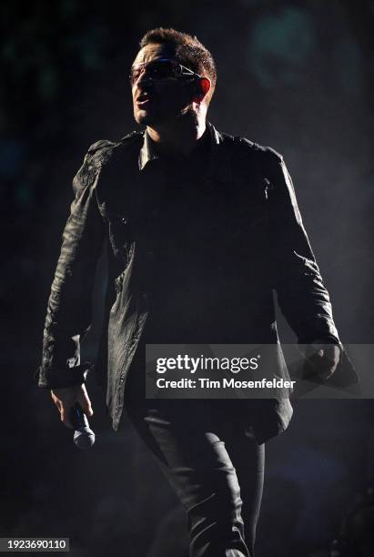 Bono of U2 performs during the band's 360 Tour at Sam Boyd stadium on October 23, 2009 in Las Vegas, Nevada.