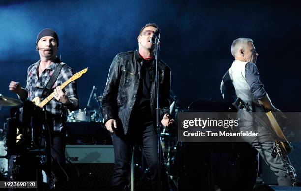 The Edge, Bono, and Adam Clayton of U2 perform during the band's 360 Tour at Sam Boyd stadium on October 23, 2009 in Las Vegas, Nevada.