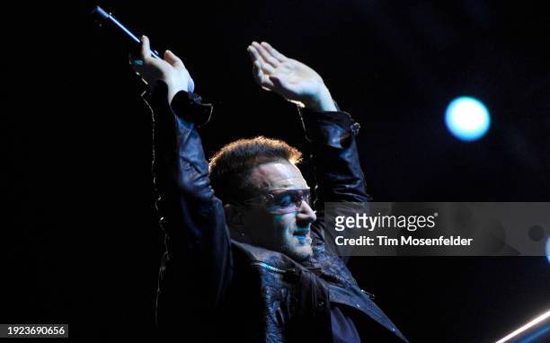 Bono of U2 performs during the band's 360 Tour at Sam Boyd stadium on October 23, 2009 in Las Vegas, Nevada.