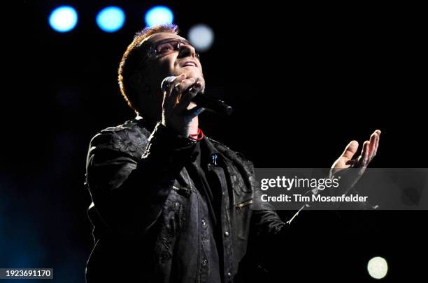 Bono of U2 performs during the band's 360 Tour at Sam Boyd stadium on October 23, 2009 in Las Vegas, Nevada.