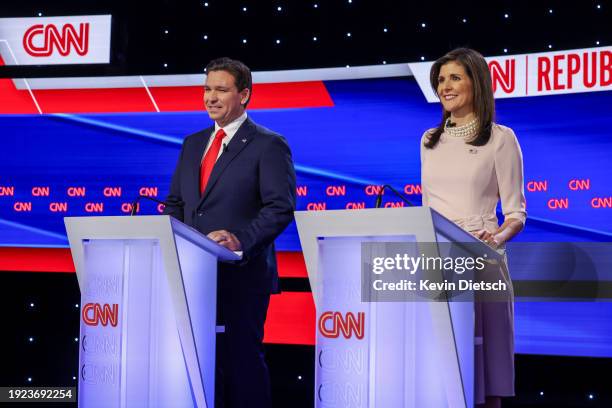 Republican presidential candidates Florida Gov. Ron DeSantis and former U.N. Ambassador Nikki Haley participate in the CNN Republican Presidential...