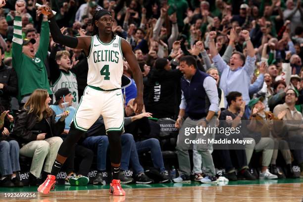 Jrue Holiday of the Boston Celtics celebrates after scoring against the Minnesota Timberwolves to send the game to overtime at TD Garden on January...