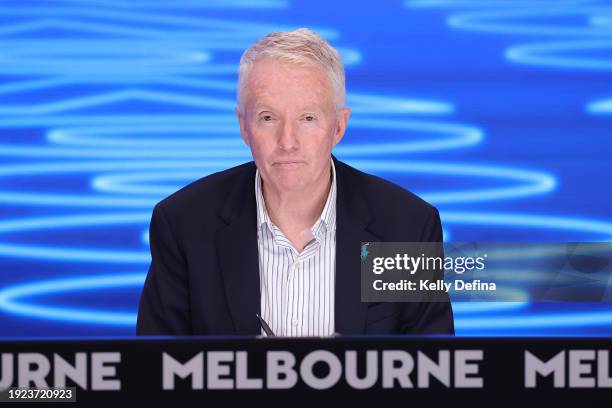 Craig Tiley, CEO of Tennis Australia speaks during the official draw ahead of the 2024 Australian Open at Melbourne Park on January 11, 2024 in...