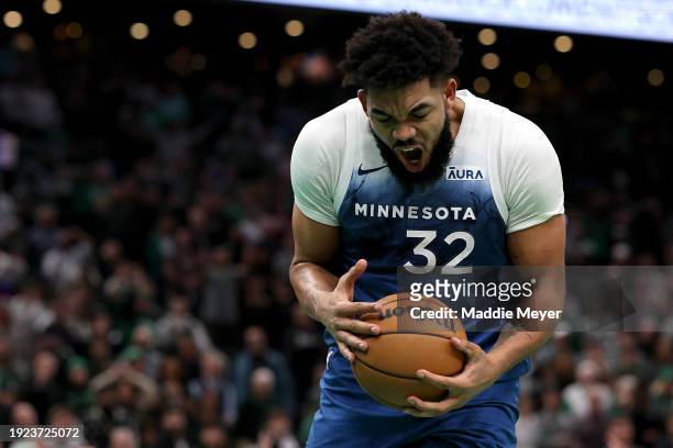 Karl-Anthony Towns of the Minnesota Timberwolves celebrates after scoring against the Boston Celtics at TD Garden on January 10, 2024 in Boston,...