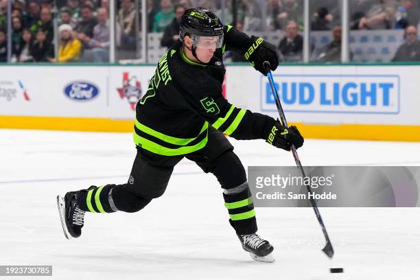 Nils Lundkvist of the Dallas Stars shoots during the third period against the Minnesota Wild at American Airlines Center on January 10, 2024 in...