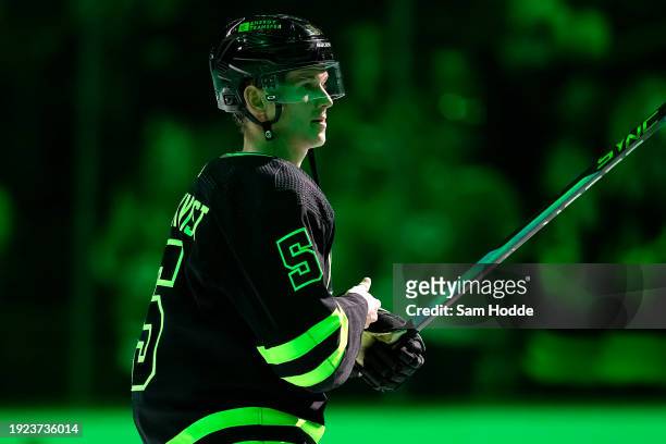 Nils Lundkvist of the Dallas Stars skates after the game against the Minnesota Wild at American Airlines Center on January 10, 2024 in Dallas, Texas.