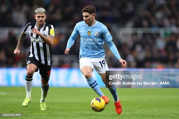 Julian Alvarez of Manchester City during the Premier League match between Newcastle United and Manchester City at St. James Park on January 13, 2024...