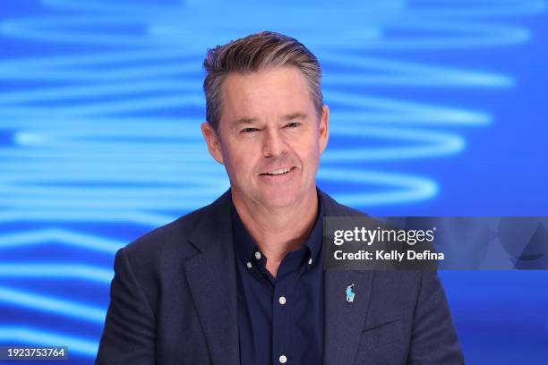 Todd Woodbridge speaks during the official draw ahead of the 2024 Australian Open at Melbourne Park on January 11, 2024 in Melbourne, Australia.