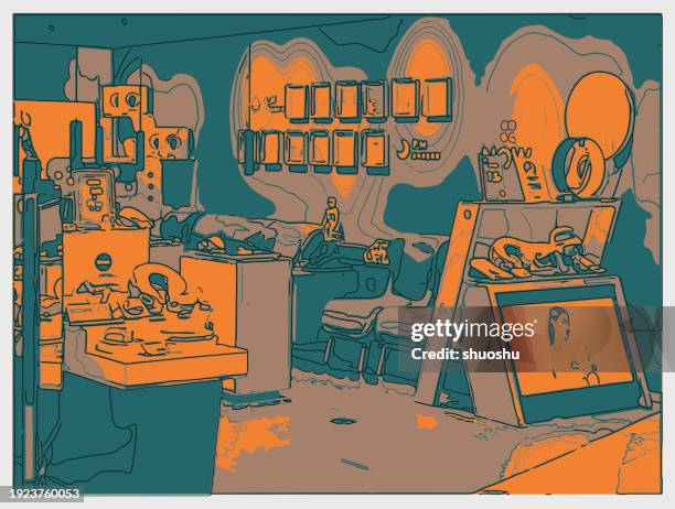 outline risograph style creative retail store scene illustration background - store interior stock illustrations