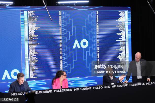 Australian Open referee Wayne McKewen and Craig Tiley, CEO of Tennis Australia confer during the official draw ahead of the 2024 Australian Open at...