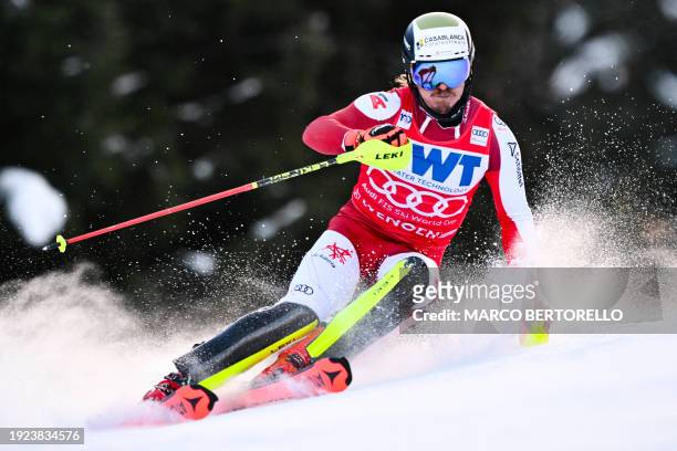 Austria's Manuel Feller competes in the Men's Slalom race event during the FIS Alpine Skiing World Cup event in Wengen on January 14, 2024.